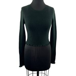 Something Navy Dark Green 100% Wool Lettuce Hem Crop Sweater Knit Top Crew L